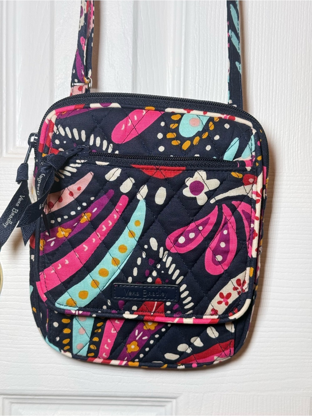 Vera Bradley Navy Quilted Crossbody Bag with Pink & Teal Floral Accents